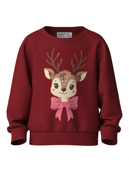 Name It Vertrud mörkröd jultröja flicka med rådjur och rosa rosett