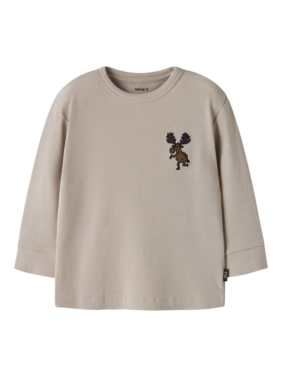 Beige långärmad ribbad tröja till pojke med älgmotiv