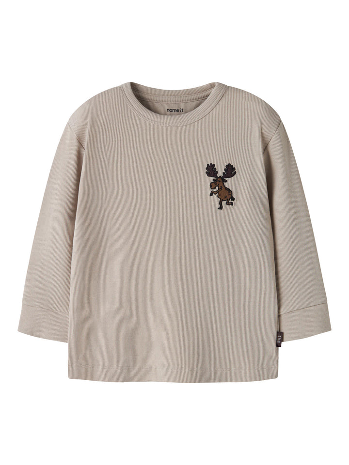 Beige långärmad ribbad tröja till pojke med älgmotiv
