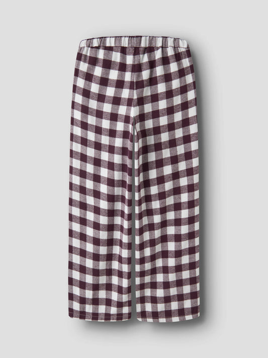Name It Runiq rutiga flanellbyxor för barn i vinrött och vitt med vida ben.
