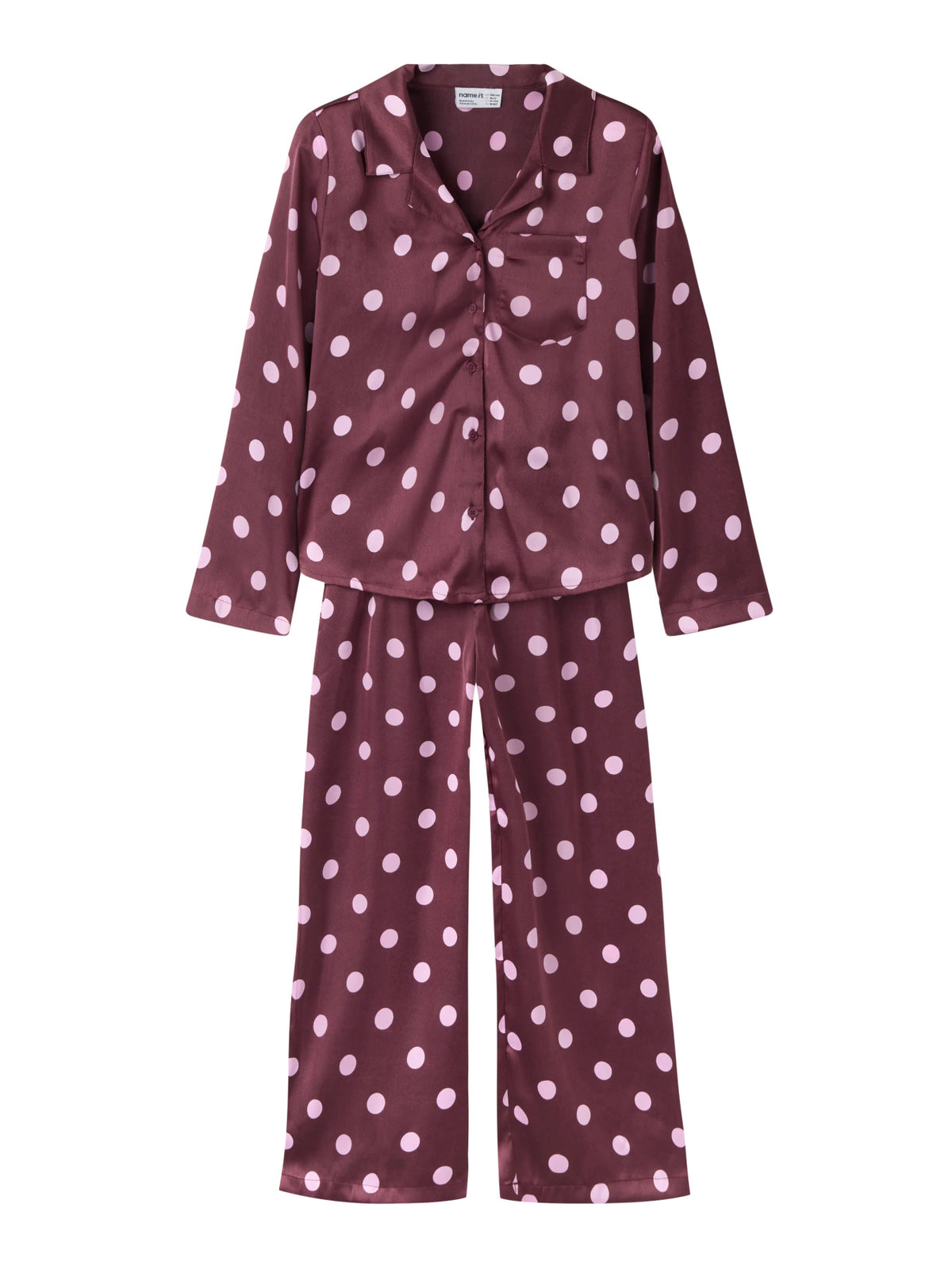 Name It Ruthq prickig satinpyjamas för flicka med skjorta och långbyxor framifrån