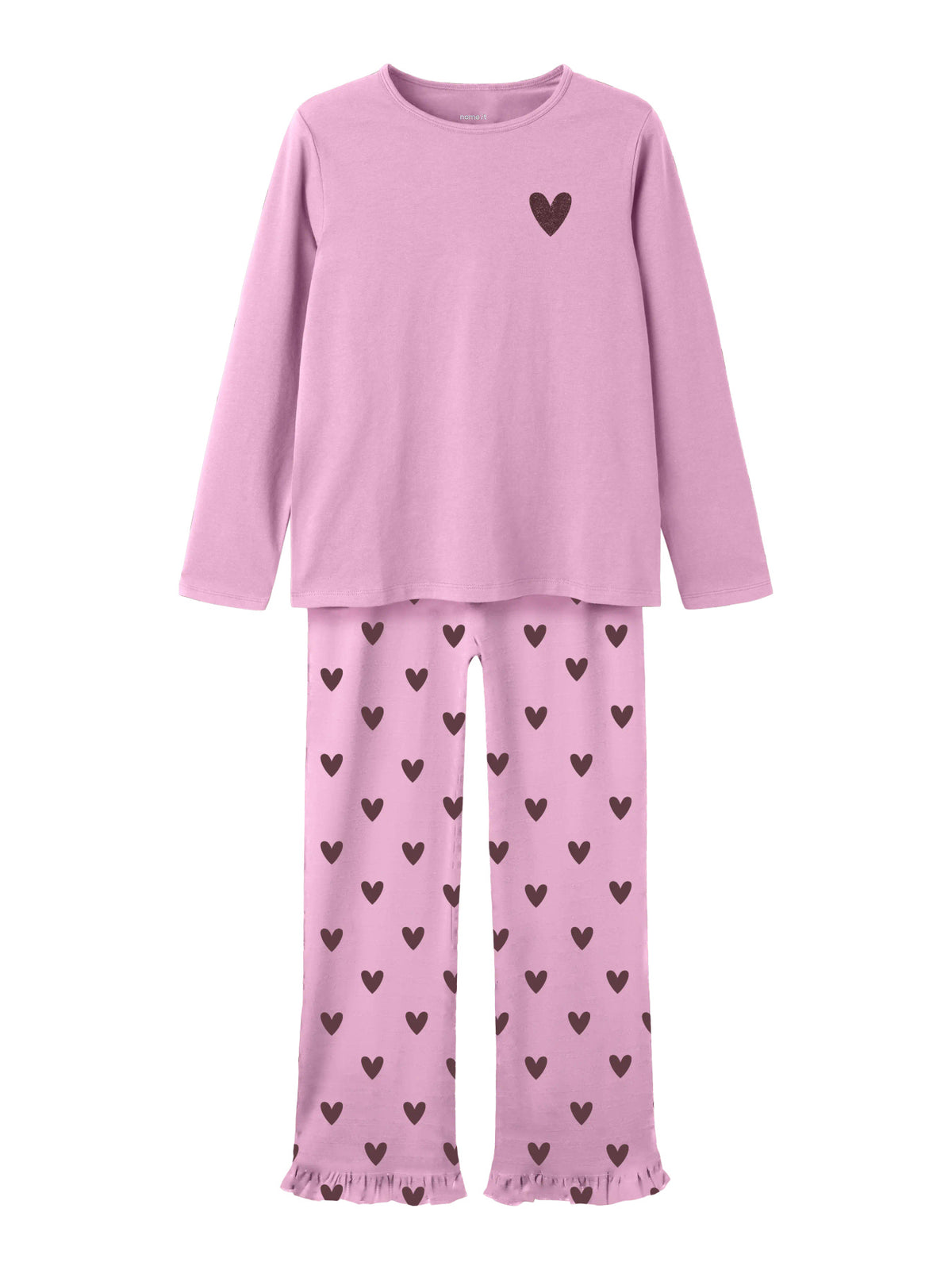 Name It Reaq rosa pyjamas med hjärtan för flicka – tvådelat pyjamasset med lång ärm och byxor