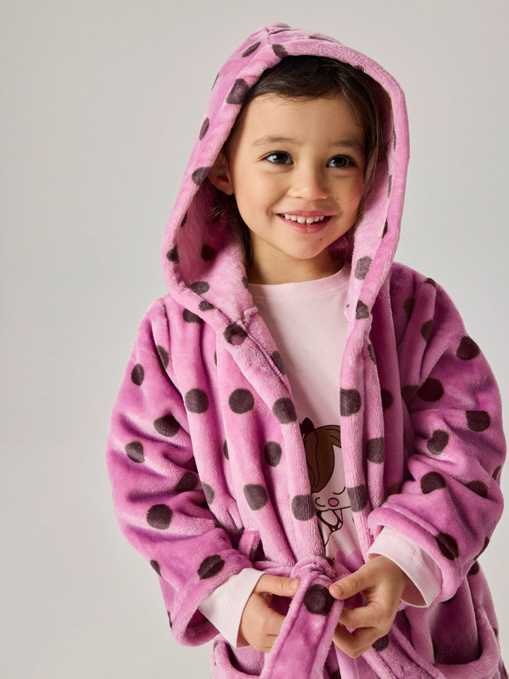 Name It Raveq rosa prickig morgonrock i velour för flicka med huva och skärp framifrån