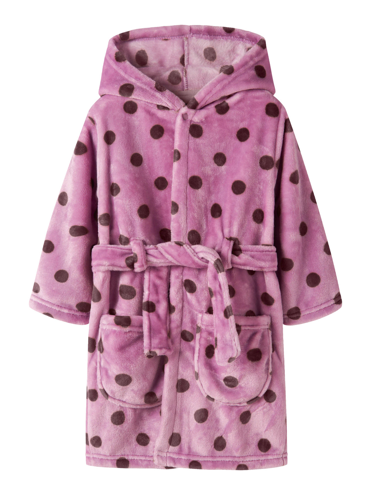 Name It Raveq rosa prickig morgonrock i velour för flicka med huva och skärp framifrån