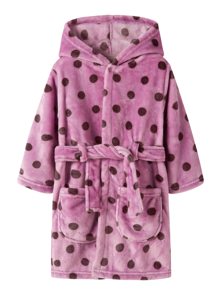 Name It Raveq rosa prickig morgonrock i velour för flicka med huva och skärp framifrån
