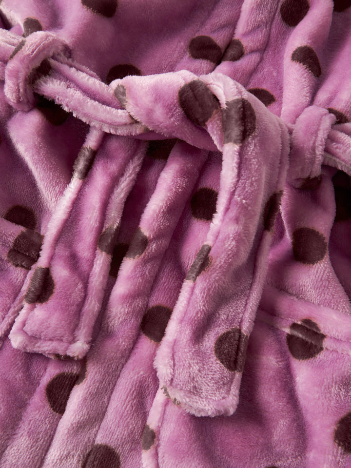 Name It Raveq rosa prickig morgonrock i velour för flicka med huva och skärp framifrån