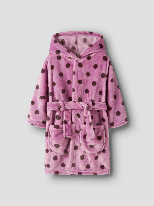 Name It Raveq rosa prickig morgonrock i velour för flicka med huva och skärp framifrån