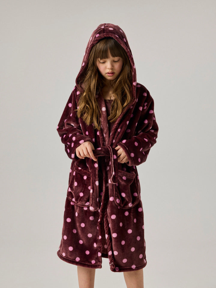 Name It Reteq prickig morgonrock i velour för flicka med huva skärp och fickor framifrån