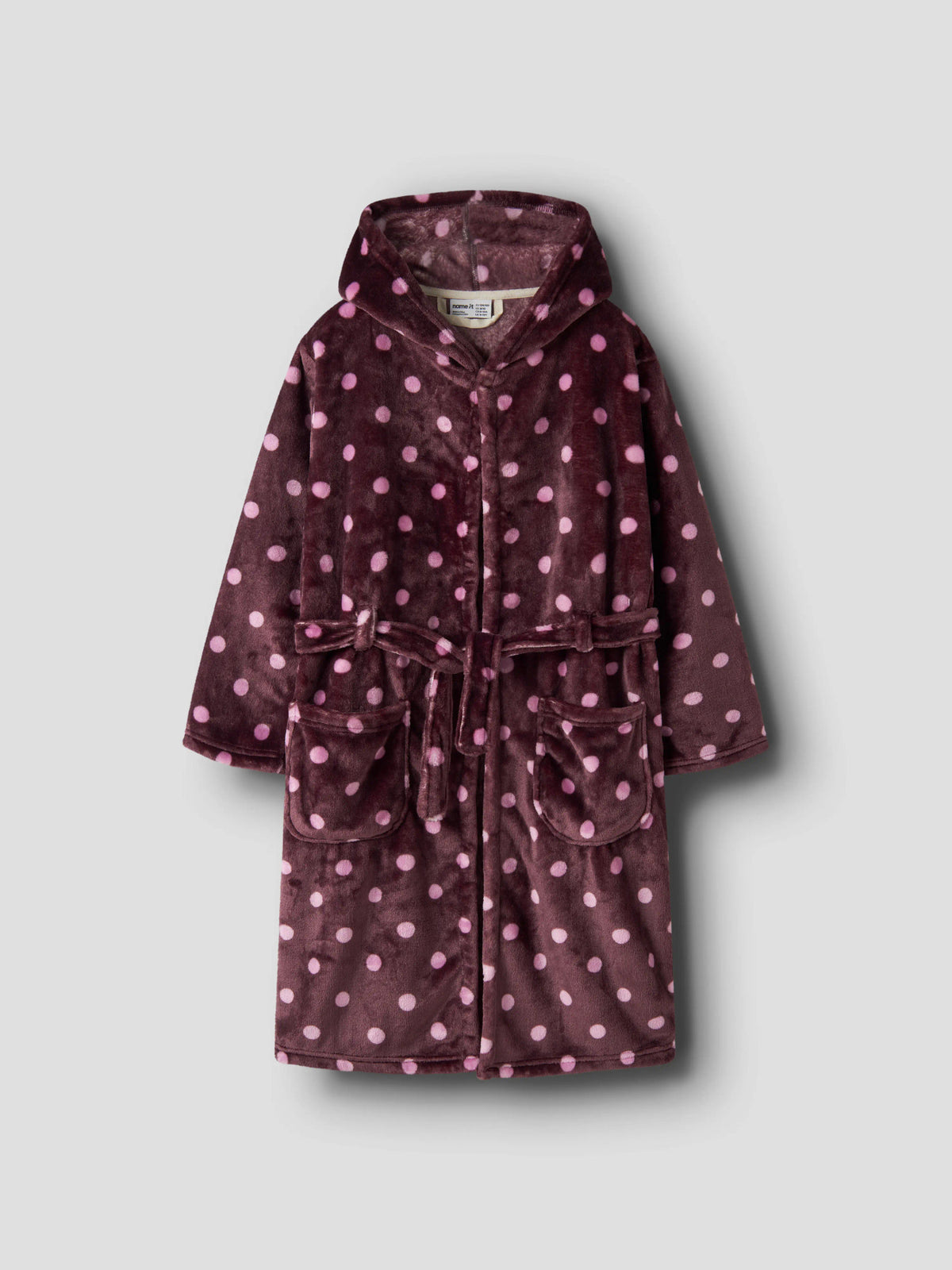 Name It Reteq prickig morgonrock i velour för flicka med huva skärp och fickor framifrån