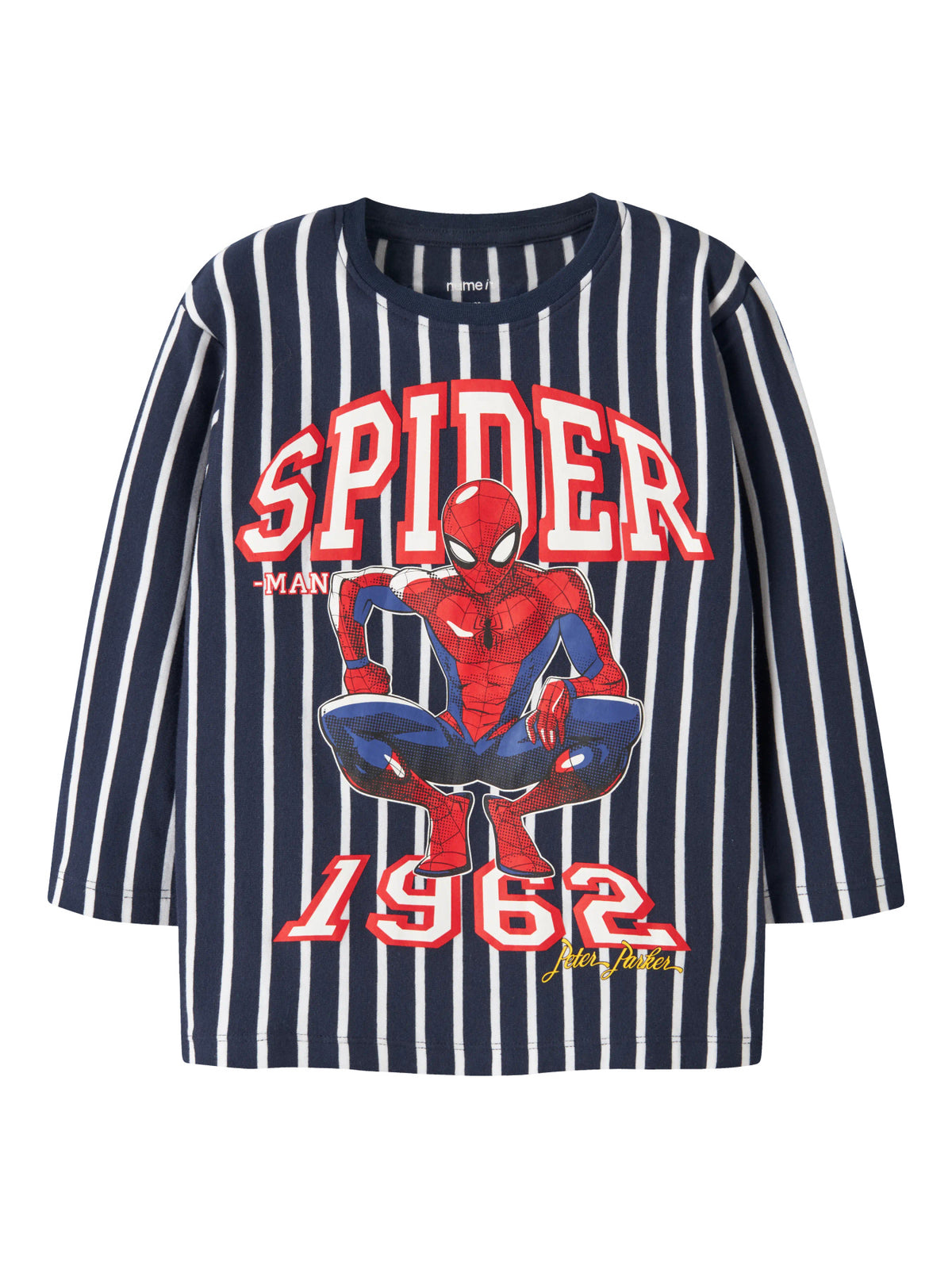 Randig långärmad Spider-Man-tröja för pojke från Name It, marinblå och vit med stort superhjältemotiv.