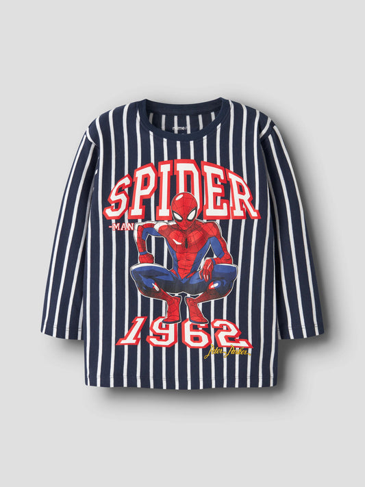 Randig långärmad Spider-Man-tröja för pojke från Name It, marinblå och vit med stort superhjältemotiv.