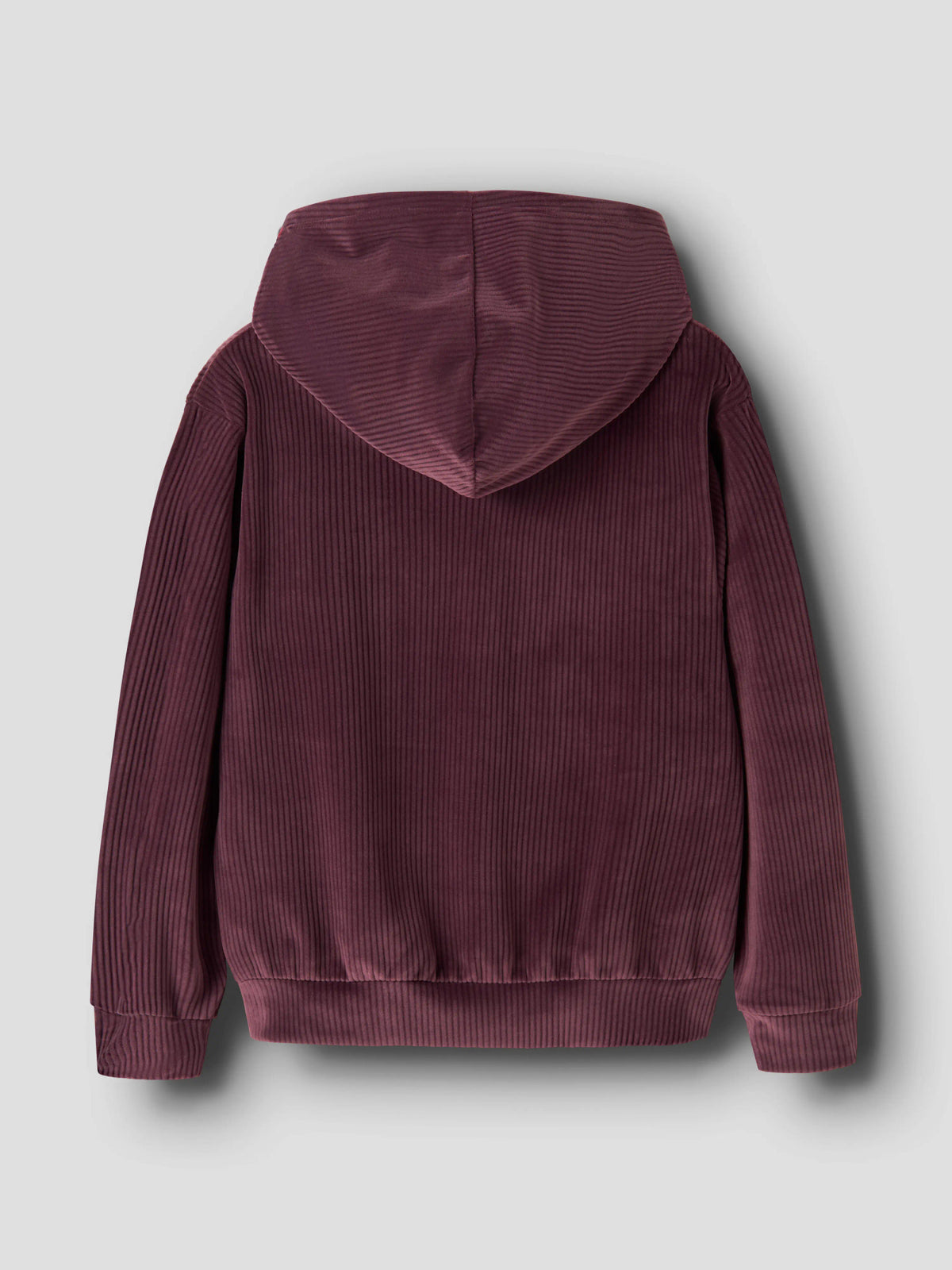 Name It Veloa ribbad velourhoodie för flicka i dov vinröd färg med huva och dragkedja bakifrån