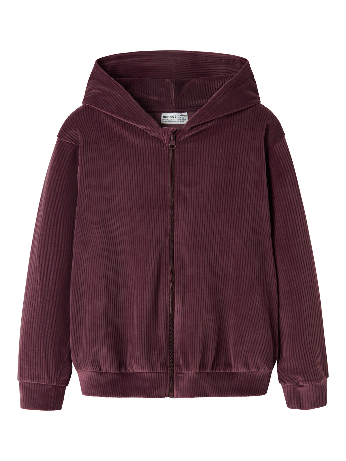 Name It Veloa ribbad velourhoodie för flicka i dov vinröd färg med huva och dragkedja framifrån