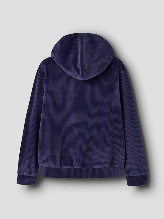 Name It Veloa ribbad velourhoodie för flicka i dov marinblå färg med huva och dragkedja bakifrån