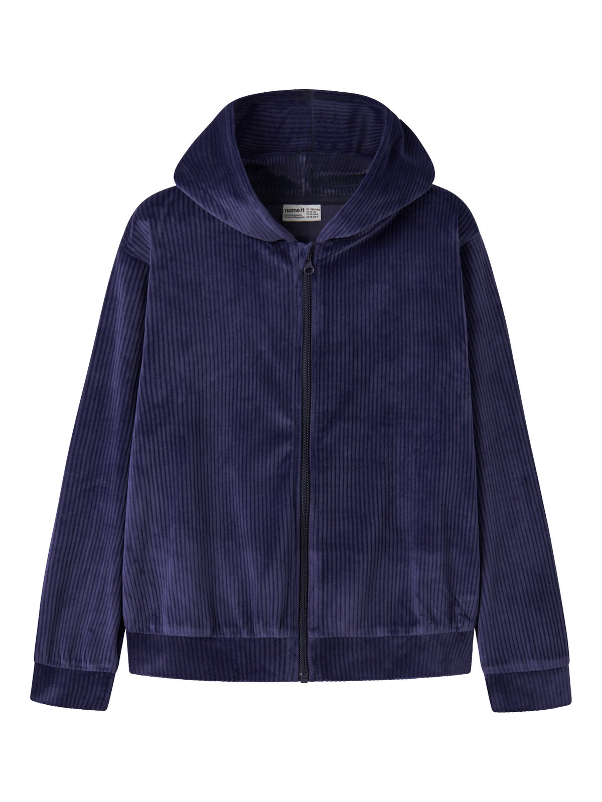 Name It Veloa ribbad velourhoodie för flicka i dov marinblå färg med huva och dragkedja framifrån