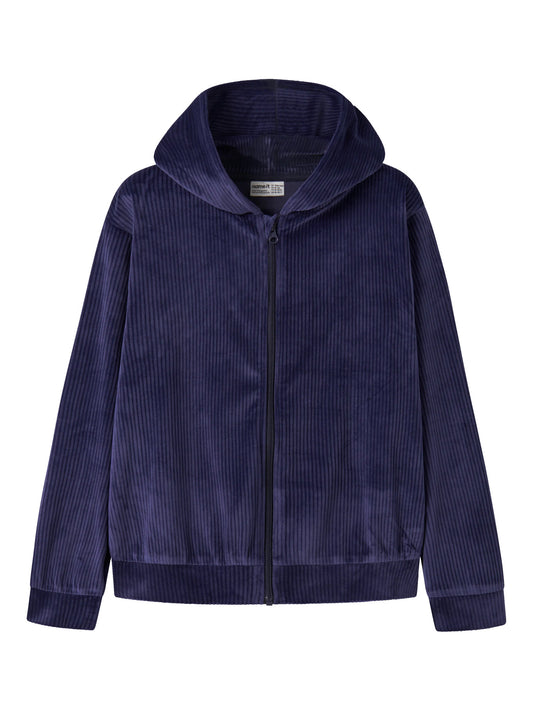 Name It Veloa ribbad velourhoodie för flicka i dov marinblå färg med huva och dragkedja framifrån