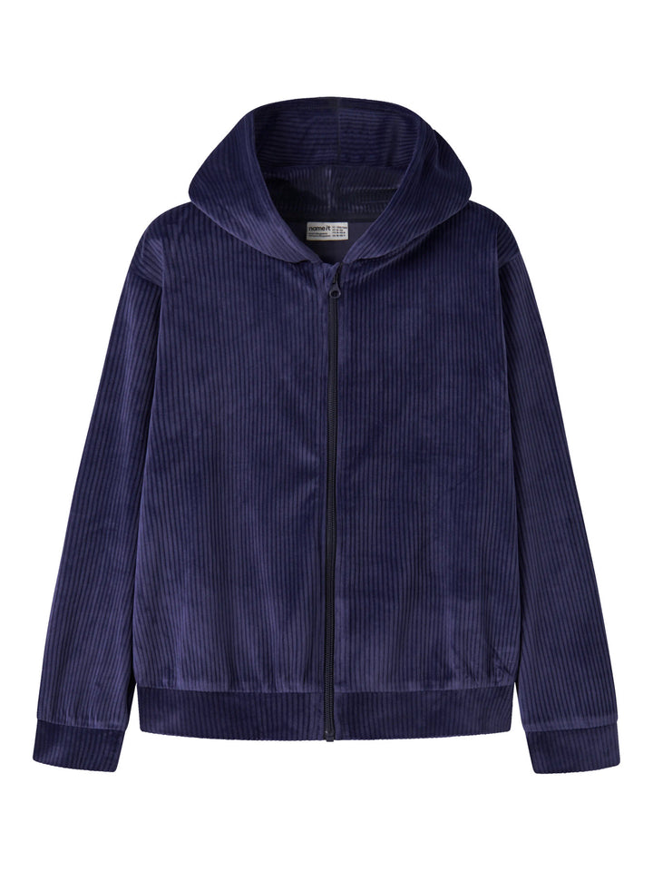Name It Veloa ribbad velourhoodie för flicka i dov marinblå färg med huva och dragkedja framifrån