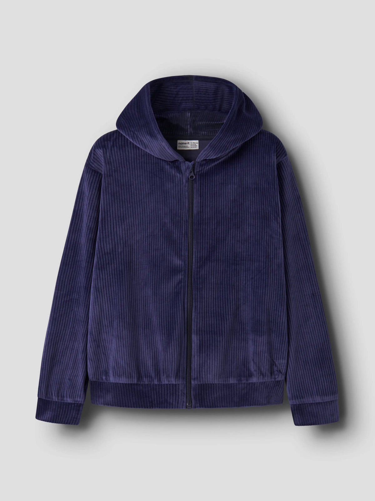 Name It Veloa ribbad velourhoodie för flicka i dov marinblå färg med huva och dragkedja framifrån