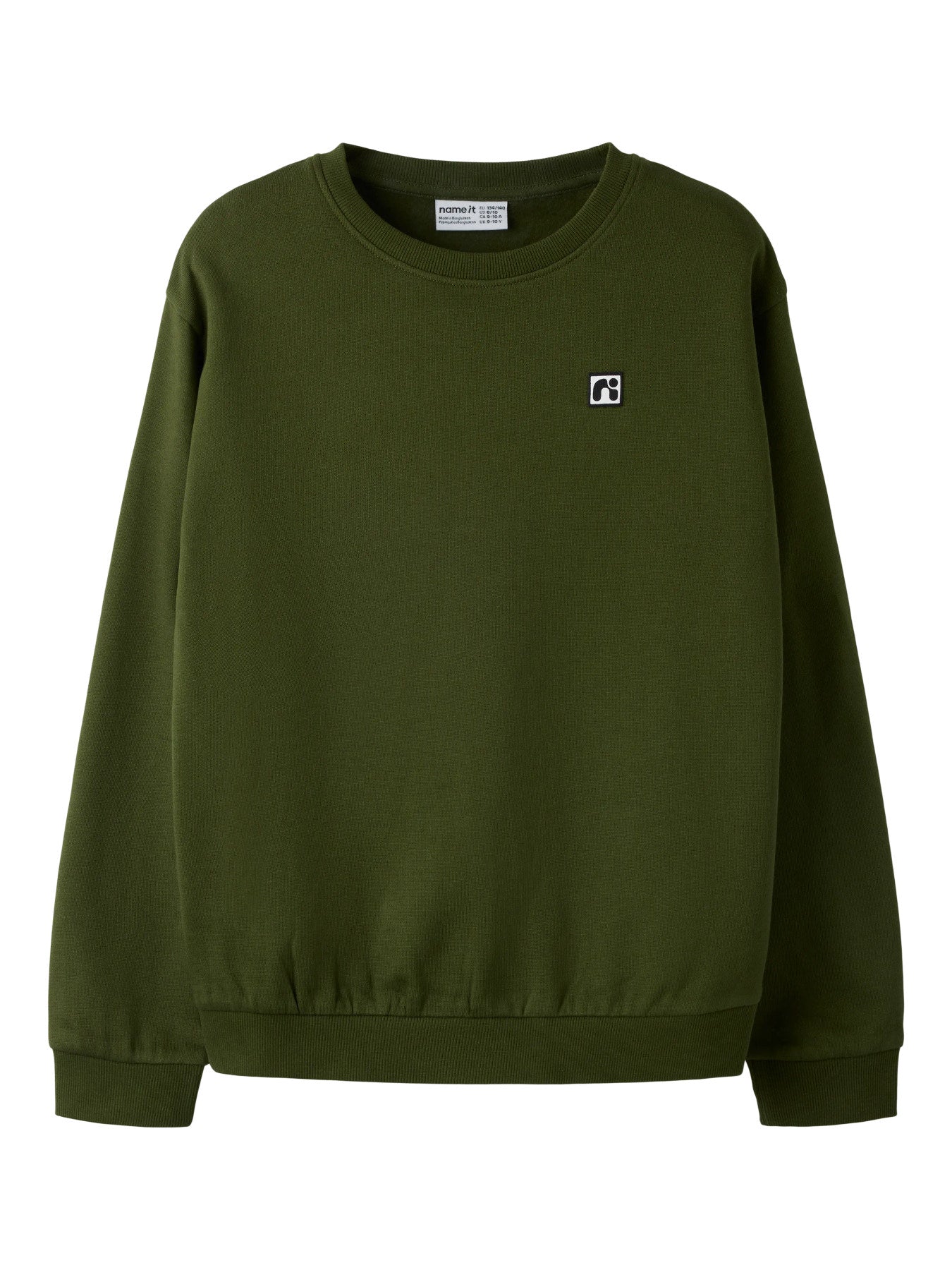 Name It Flo sweatshirt i Rifle Green för pojke, grön sweatshirt i ekologisk bomull med rund hals och liten logobadge.
