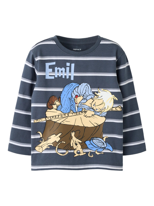 Name It Alf Emil långärmad randig tröja för pojke mini i Ombre Blue med Emil i Lönneberga vid snickarbänken