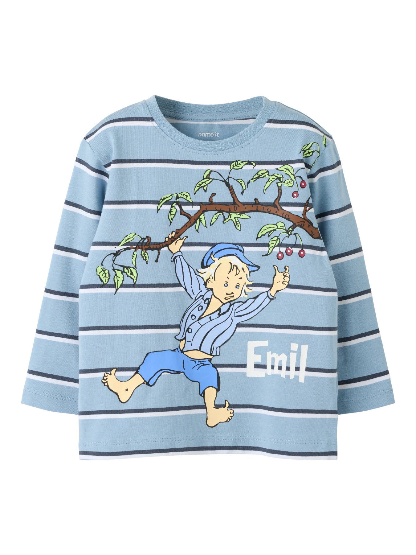 Name It Alf Emil långärmad randig tröja för pojke mini i Ashley Blue med Emil i Lönneberga i körsbärsträdet