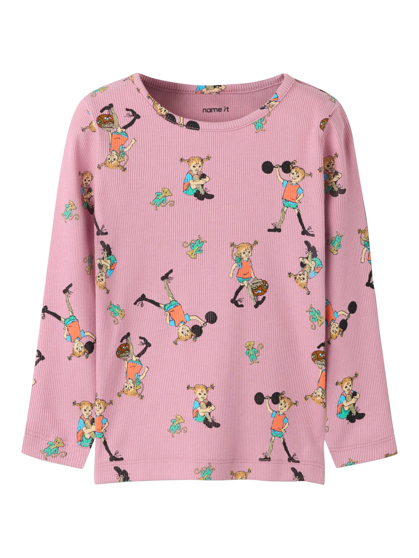 Name It Ara Pippi Långstrump långärmad ribbad tröja i rosa ekologisk bomull för flicka.