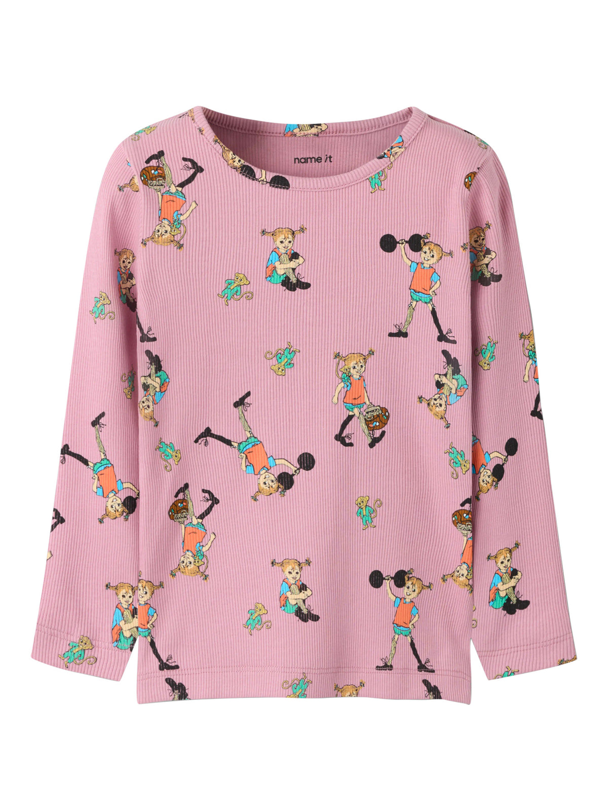Name It Ara Pippi Långstrump långärmad ribbad tröja i rosa ekologisk bomull för flicka.