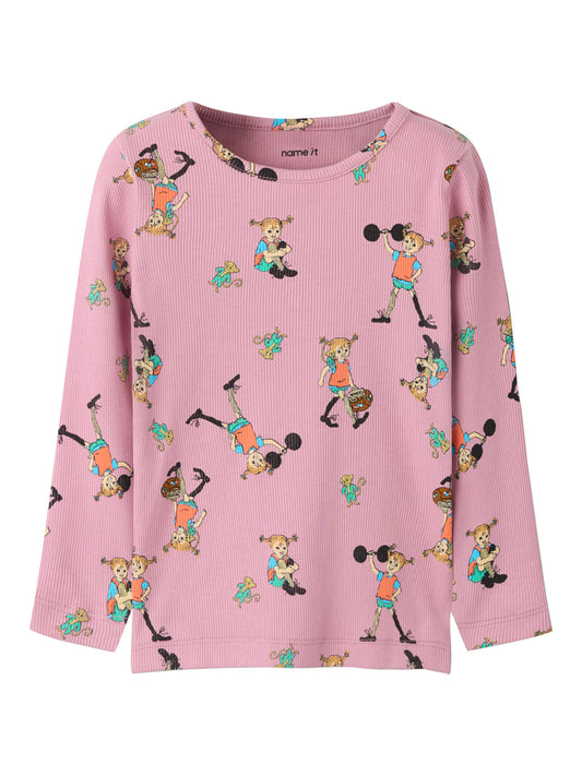 Name It Ara Pippi Långstrump långärmad ribbad tröja i rosa ekologisk bomull för flicka.