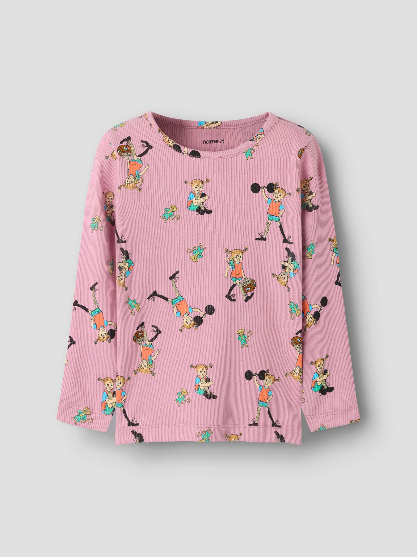 Name It Ara Pippi Långstrump långärmad ribbad tröja i rosa ekologisk bomull för flicka.