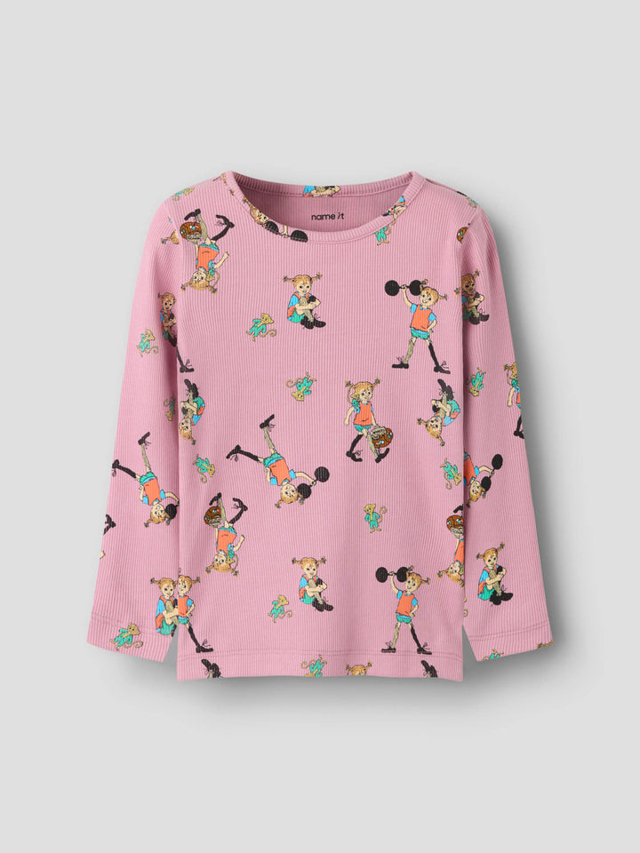 Name It Ara Pippi Långstrump långärmad ribbad tröja i rosa ekologisk bomull för flicka.