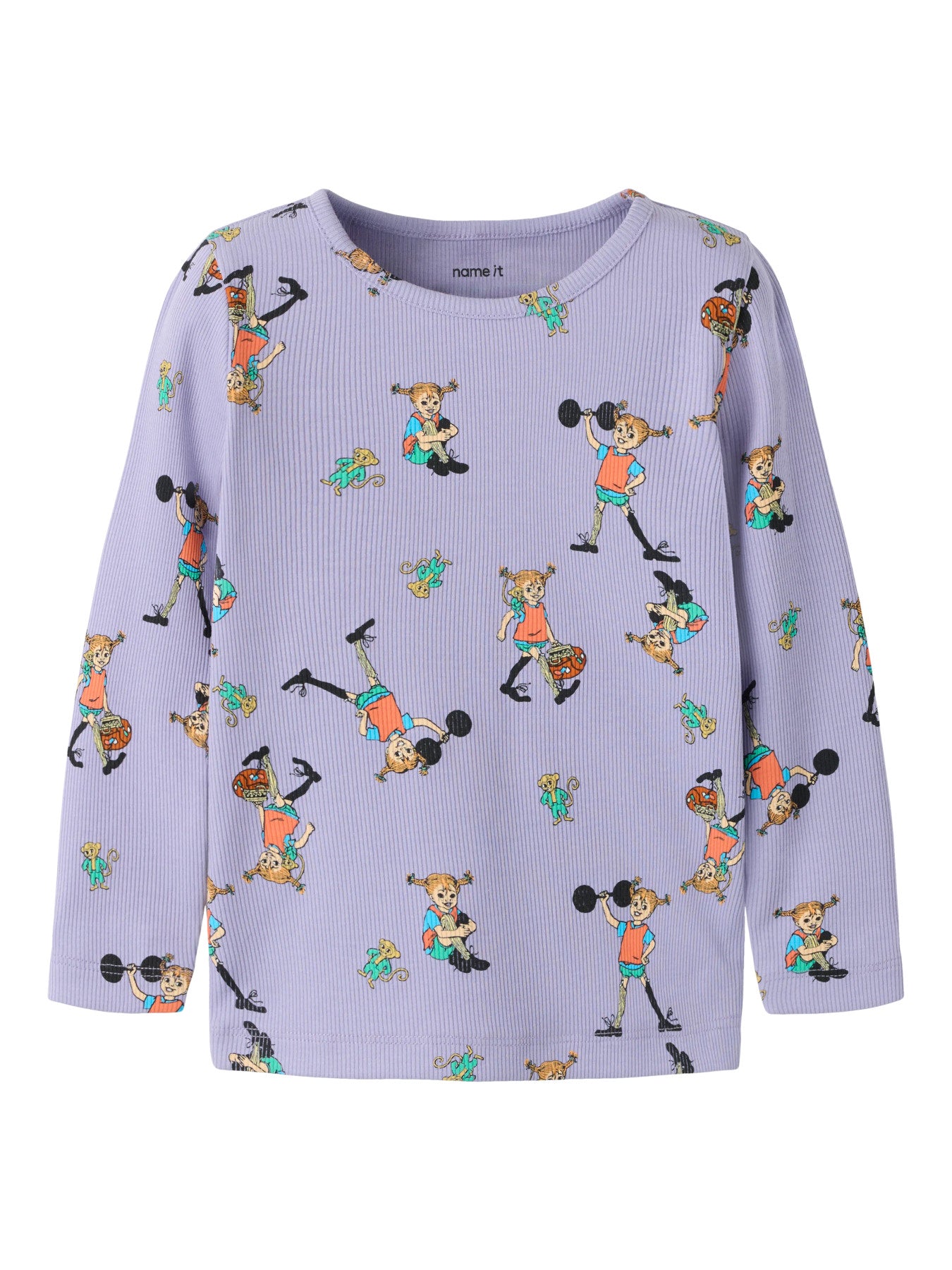Name It Ara Pippi Långstrump långärmad ribbad tröja i ljuslila ekologisk bomull för flicka.