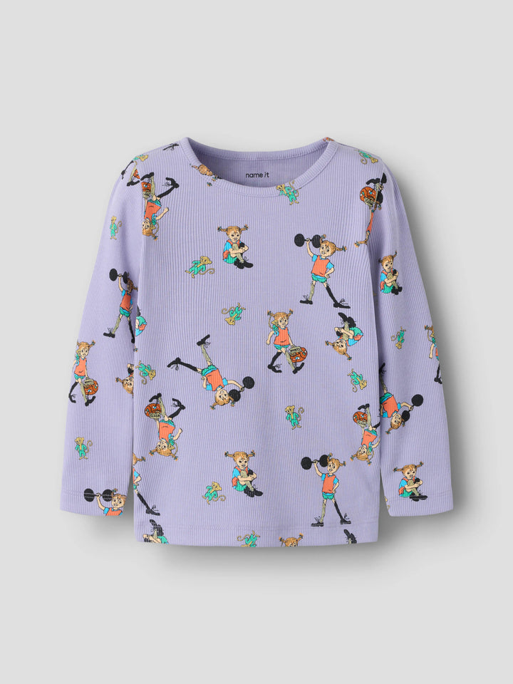Name It Ara Pippi Långstrump långärmad ribbad tröja i ljuslila ekologisk bomull för flicka.