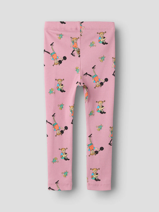 Name It Ara Pippi Långstrump leggings i rosa ribbad ekologisk bomull för flicka med Pippi-motiv.
