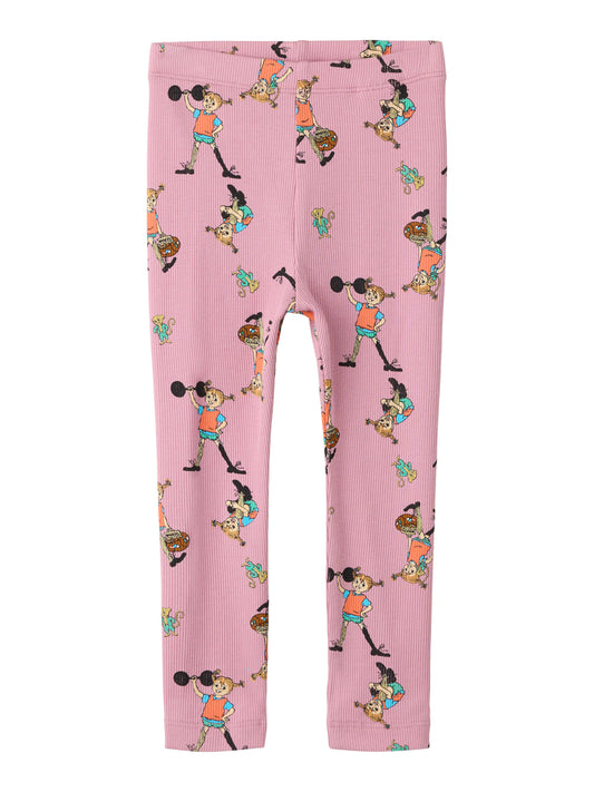 Name It Ara Pippi Långstrump leggings i rosa ribbad ekologisk bomull för flicka med Pippi-motiv.