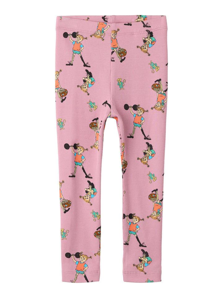 Name It Ara Pippi Långstrump leggings i rosa ribbad ekologisk bomull för flicka med Pippi-motiv.