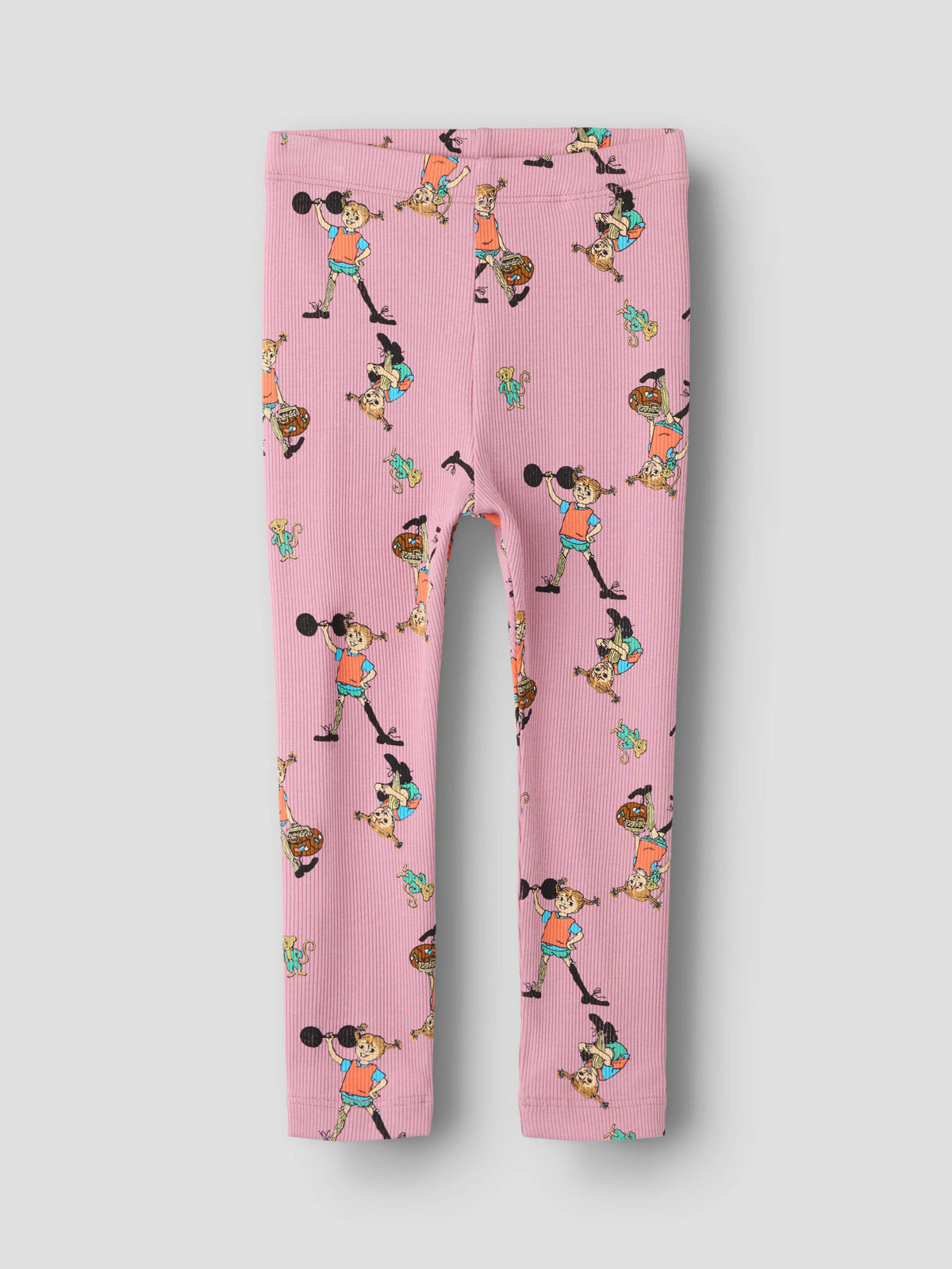 Name It Ara Pippi Långstrump leggings i rosa ribbad ekologisk bomull för flicka med Pippi-motiv.
