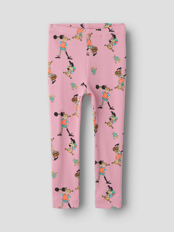 Name It Ara Pippi Långstrump leggings i rosa ribbad ekologisk bomull för flicka med Pippi-motiv.