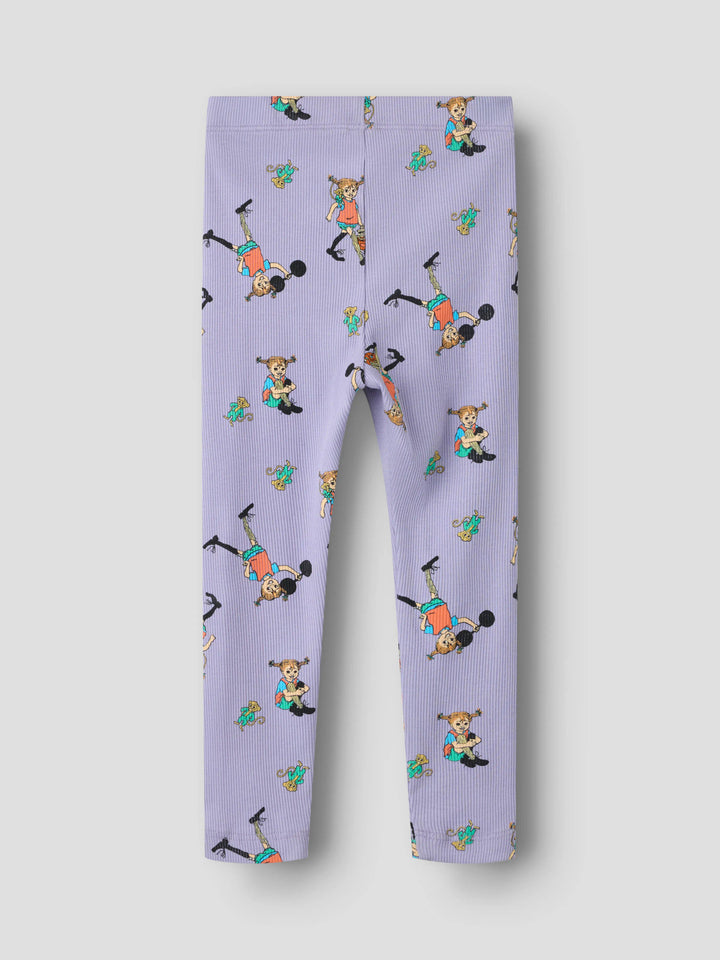 Name It Ara Pippi Långstrump leggings i lila ribbad ekologisk bomull för flicka med Pippi-motiv.