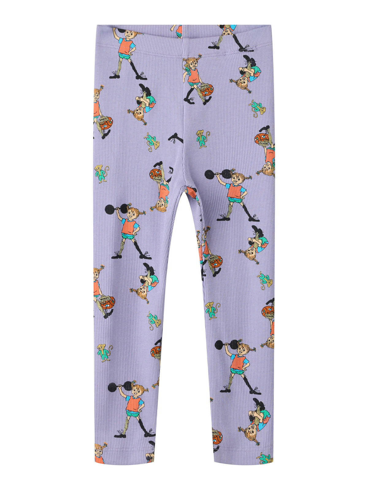 Name It Ara Pippi Långstrump leggings i lila ribbad ekologisk bomull för flicka med Pippi-motiv.