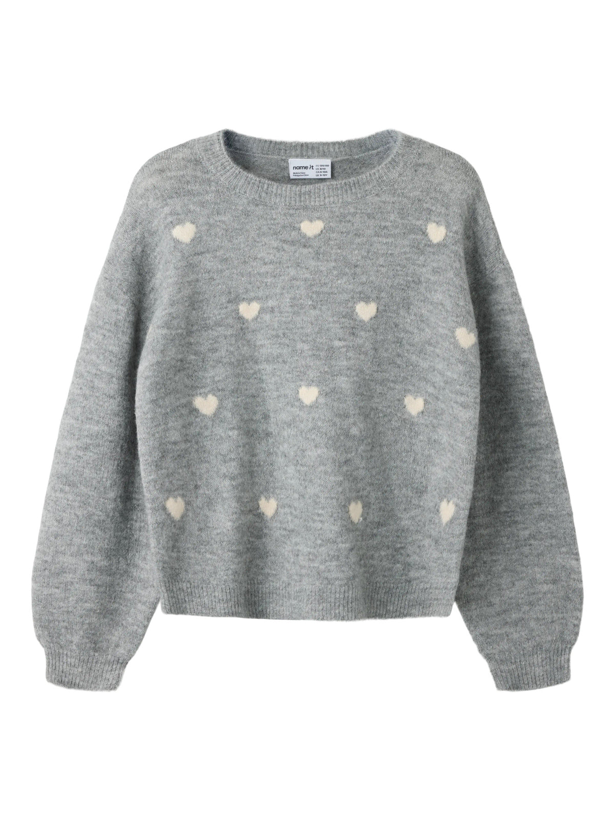 Name It Ogusse grå stickad tröja kids flicka med cremevita hjärtan