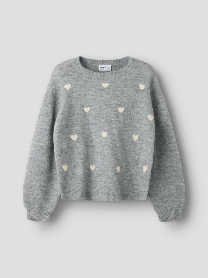 Name It Ogusse grå stickad tröja kids flicka med cremevita hjärtan