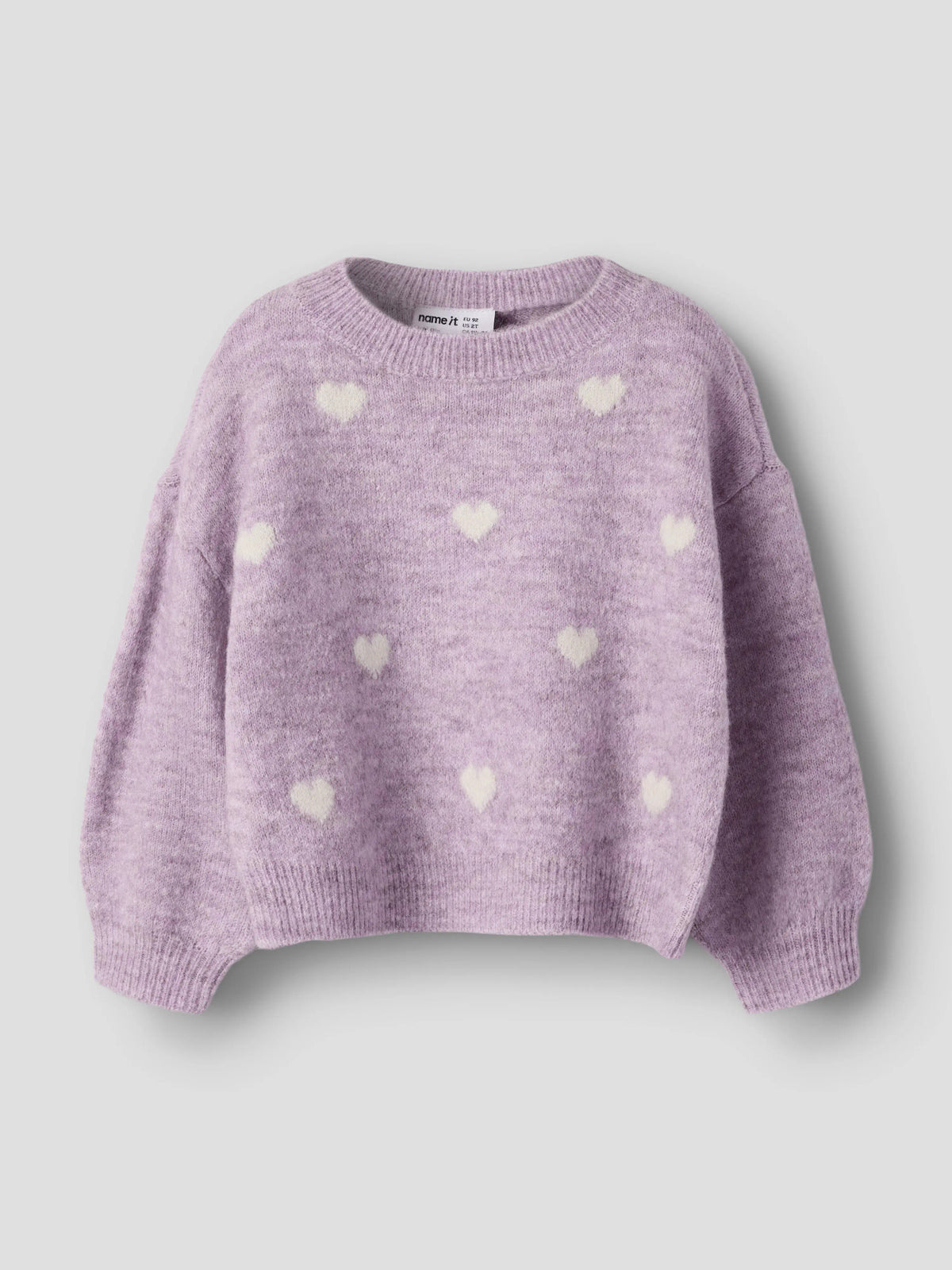 Name It Ogusse ljuslila stickad tröja mini flicka med cremevita hjärtan