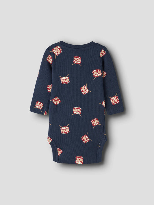 Name It Ristmas mörkblå baby body pojke med julmotiv och trummor