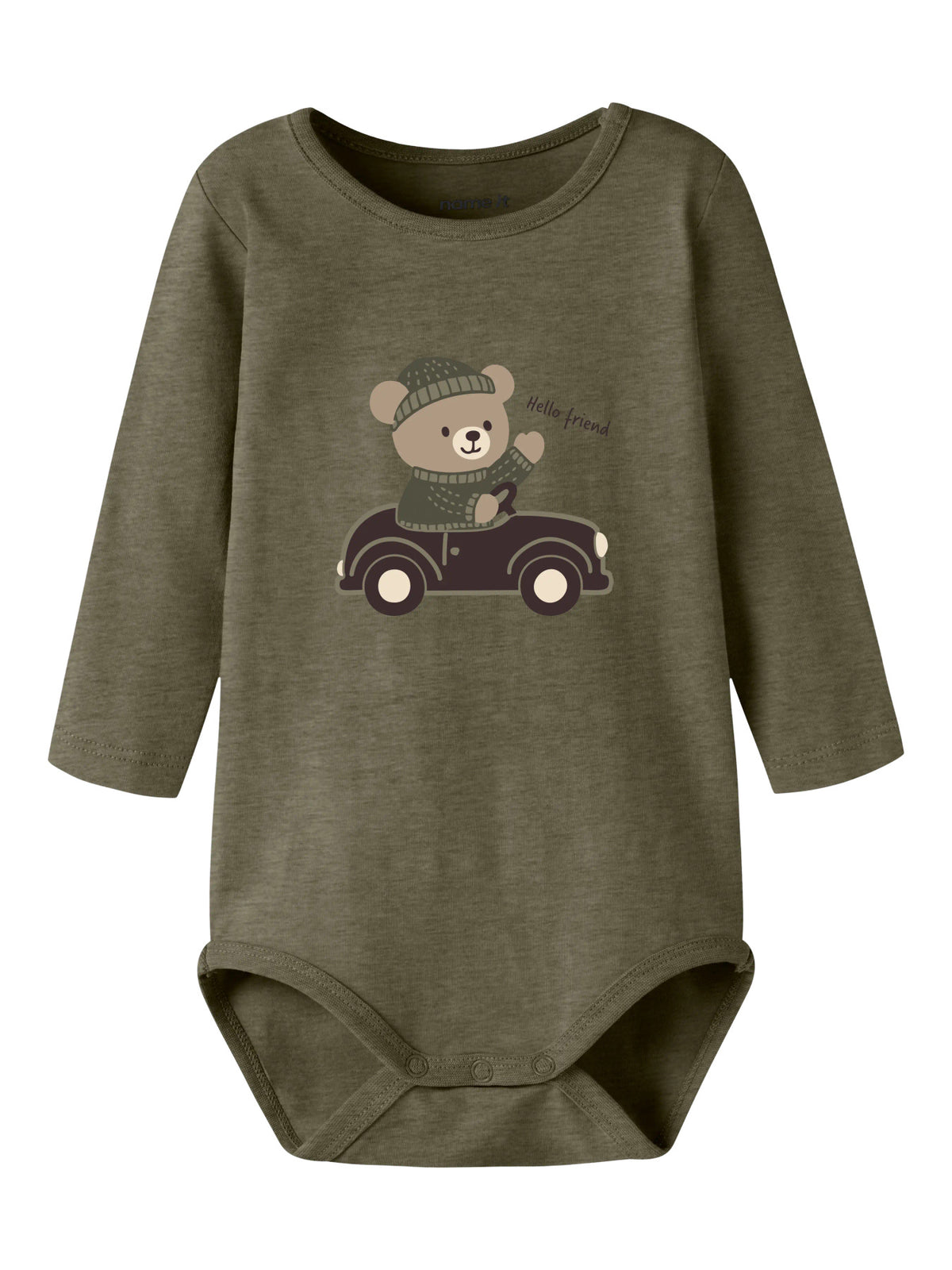 Name It Osmar grön långärmad body baby pojke med nalle och bil