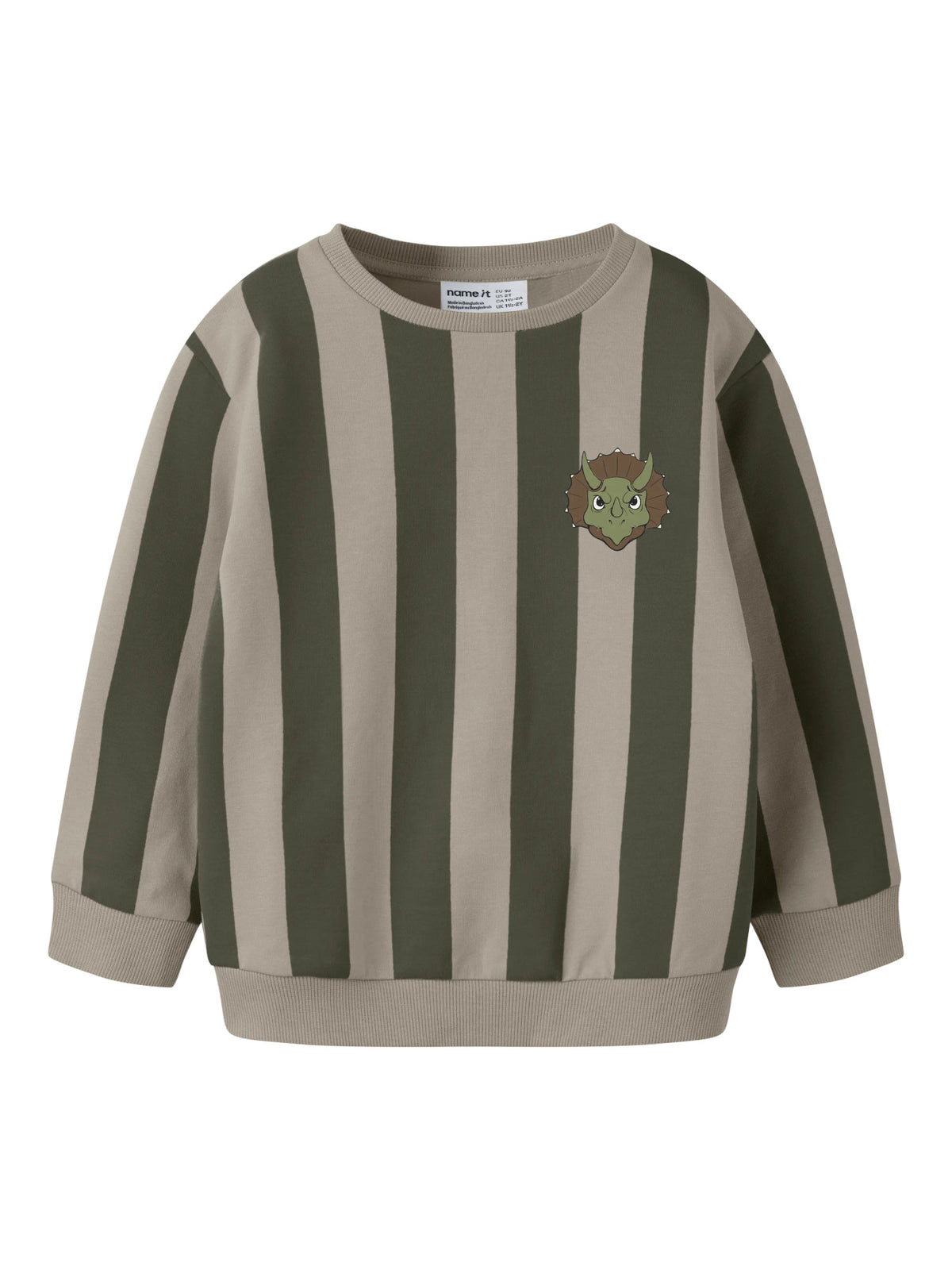 Rake randig sweatshirt från Name It i olivgrönt och beige med litet dinosauriemotiv på bröstet.