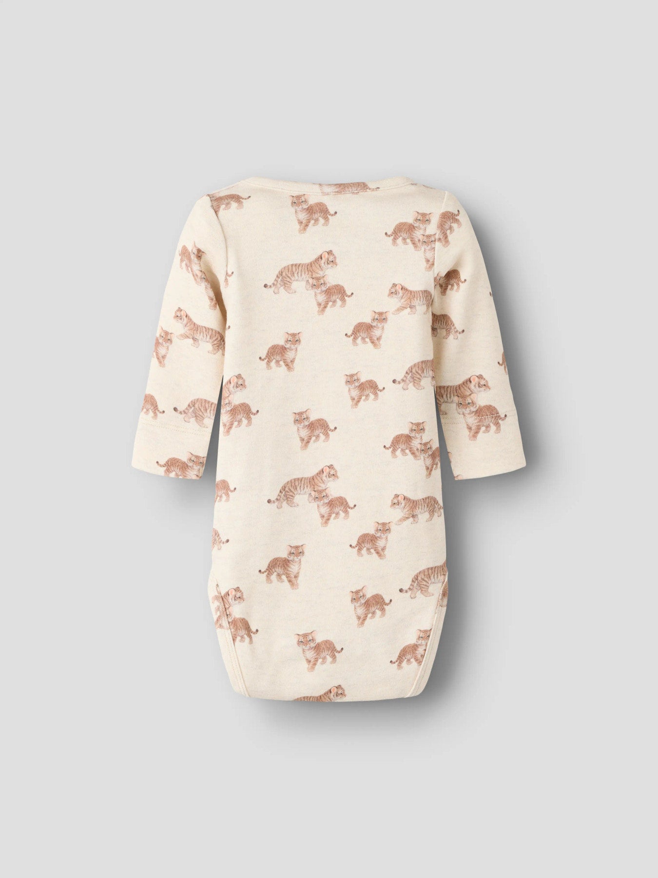Name It Lorens långärmad babybody till pojke med tigermönster i färgen Peyote Melange