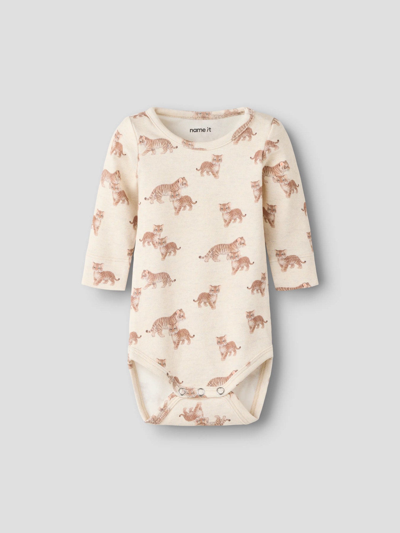 Name It Lorens långärmad babybody till pojke med tigermönster i färgen Peyote Melange