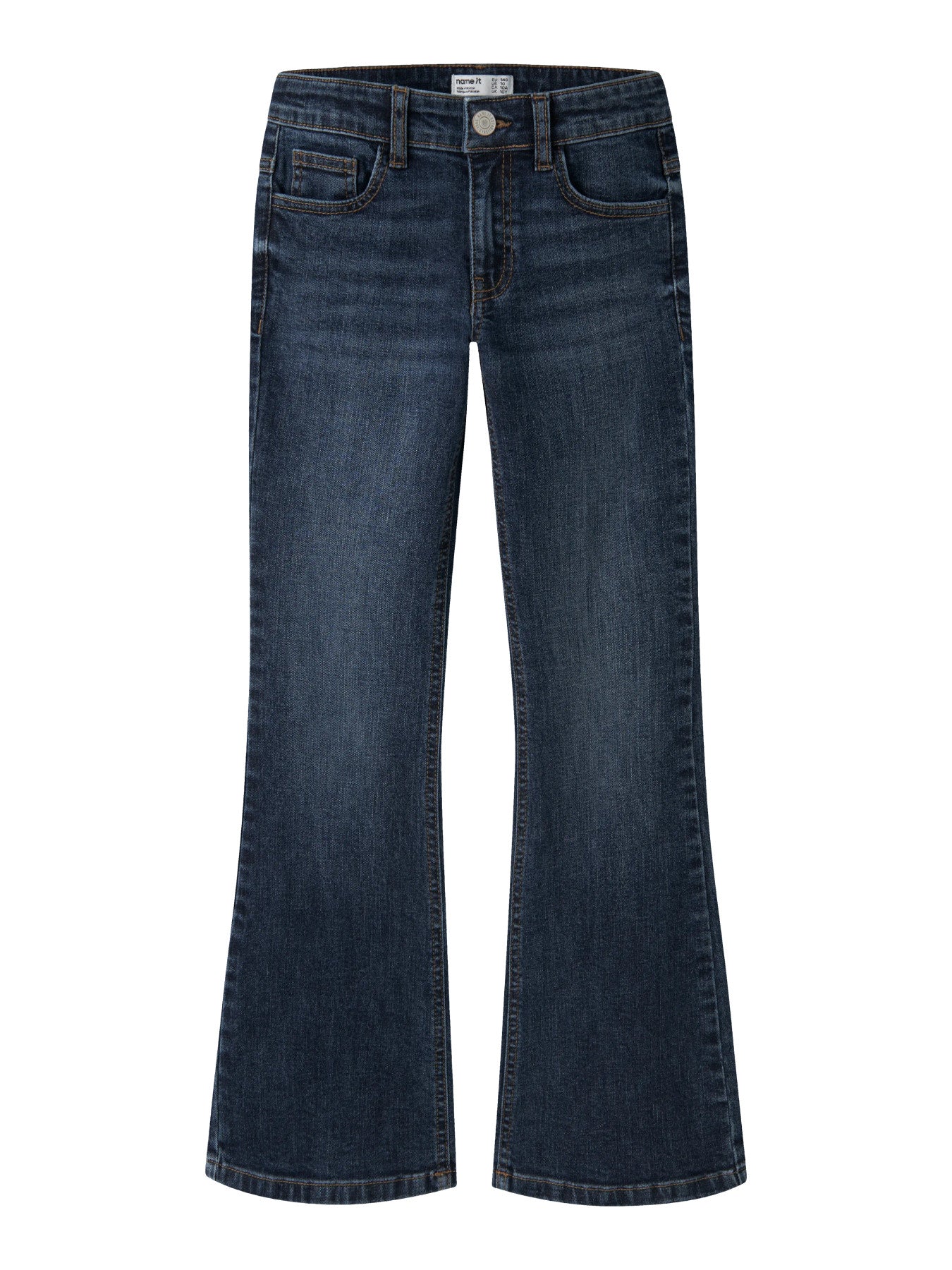 Mörkblå bootcut jeans med broderade bakfickor med lock och låg midja för flicka från Name It.