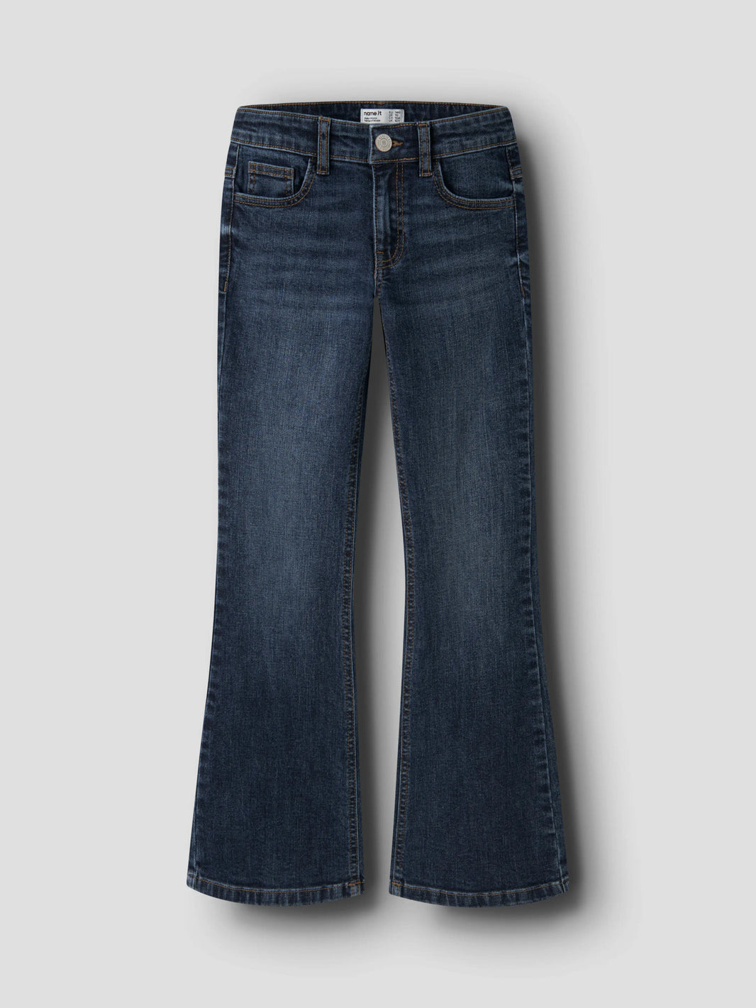 Mörkblå bootcut jeans med broderade bakfickor med lock och låg midja för flicka från Name It.