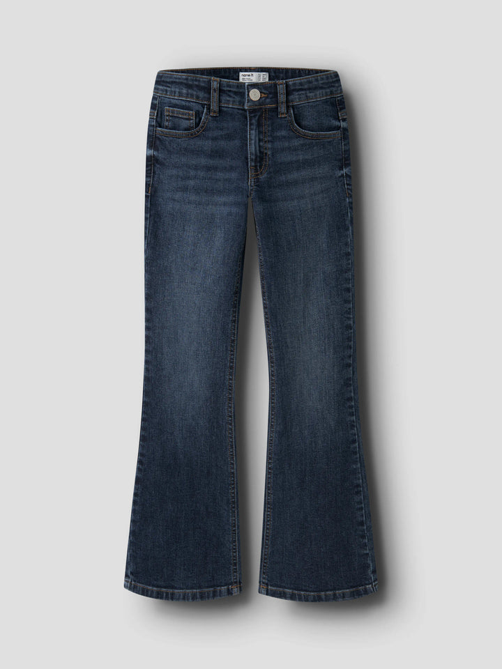 Mörkblå bootcut jeans med broderade bakfickor med lock och låg midja för flicka från Name It.